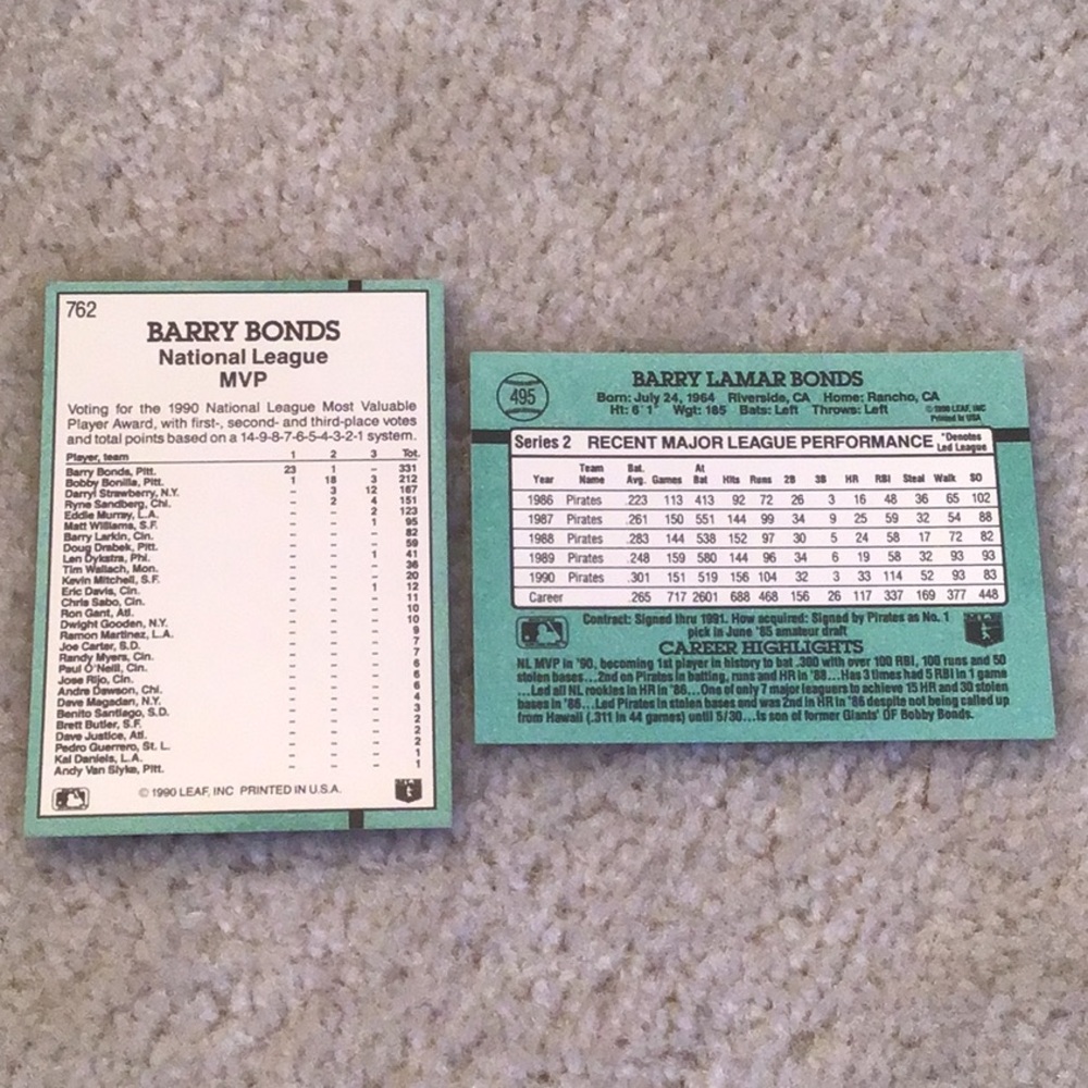 Vintage Barry Bonds Donruss ‘91 MLB Baseball Trading Cards, Set of 2 Error Cards - Picture 6 of 9